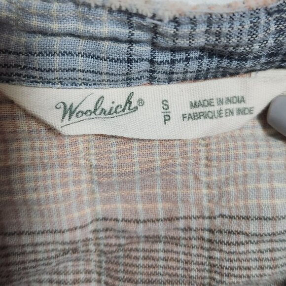 Woolrich Button Front Shirt Womens Size Small Plaid Blue Tan Short Sleeve Top - Picture 3 of 3